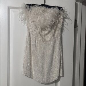 Retrofete White Feather-Trimmed Mini Dress